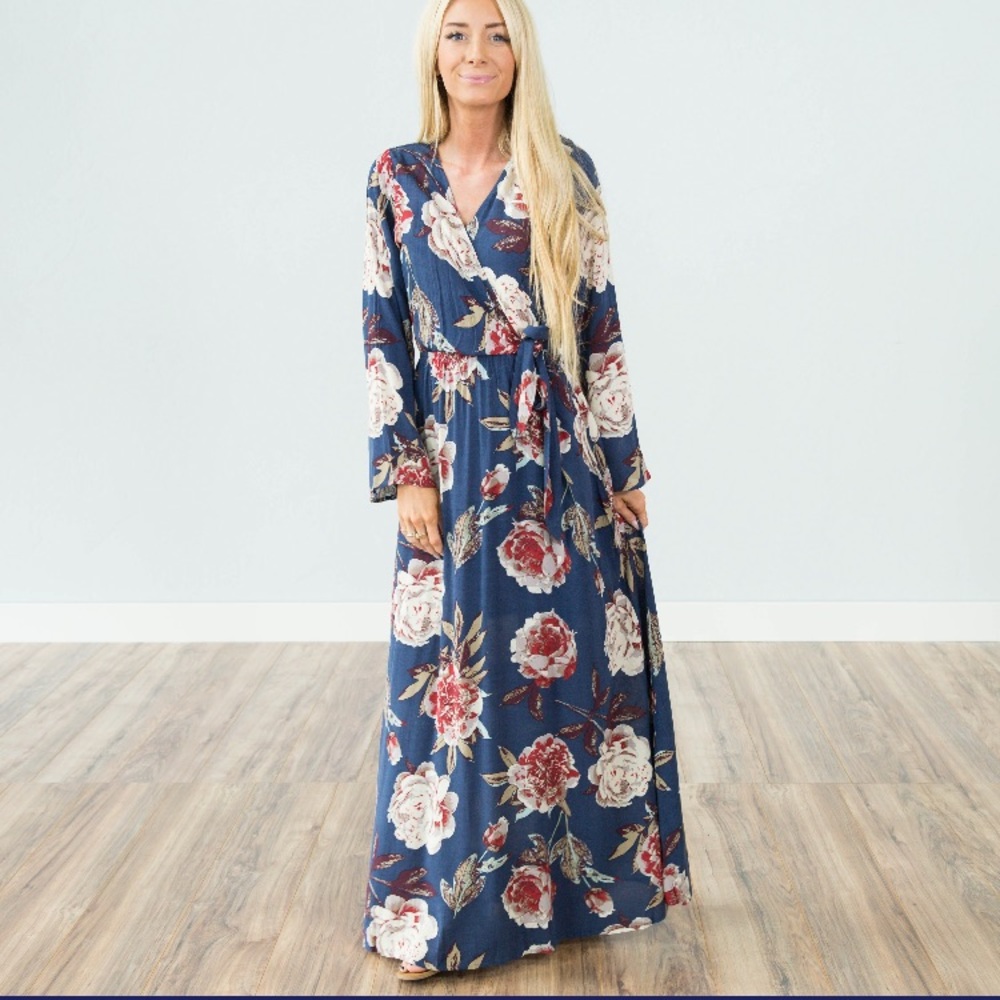 Navy cream wine floral maxi dress side tie waist